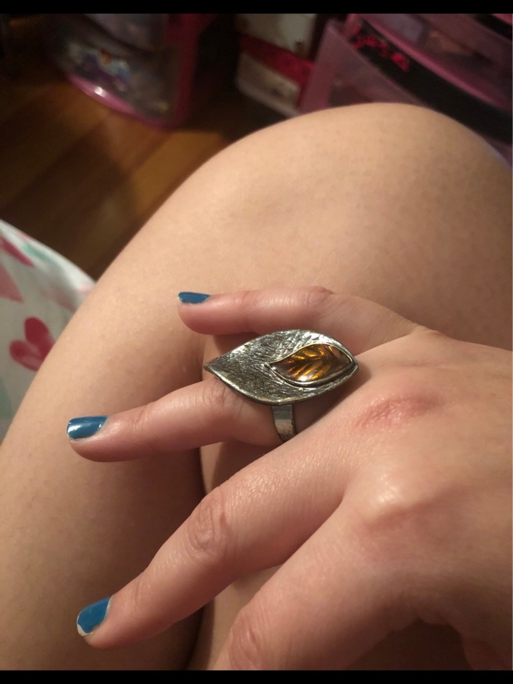 Sterling Leaf Cocktail Ring with Amber Glass Accent - Silver Tone